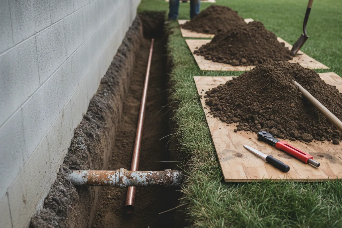Excavated water line trench during Water Softener Installation in Santa Paula